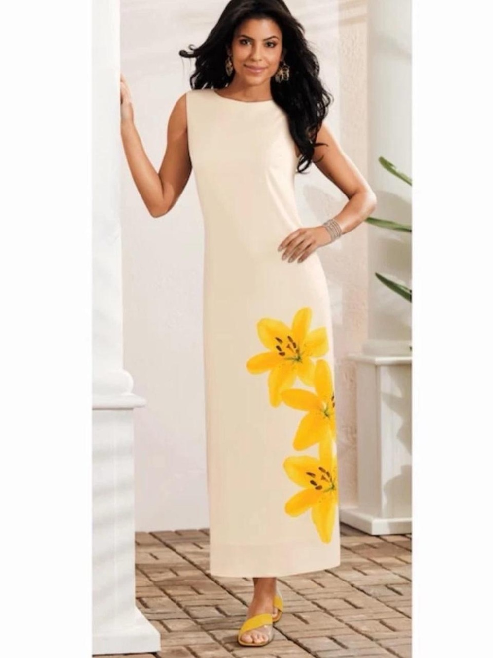 Midnight Velvet Cream Maxi Dress with Yellow Floral Detail